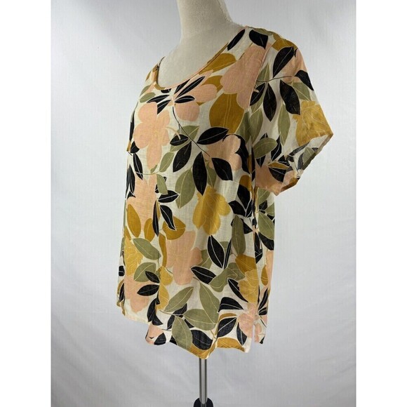 Rachel Zoe Linen Top Blouse Mustard Yellow Gold Black Peach Print Plus Size 1X - Picture 1 of 7
